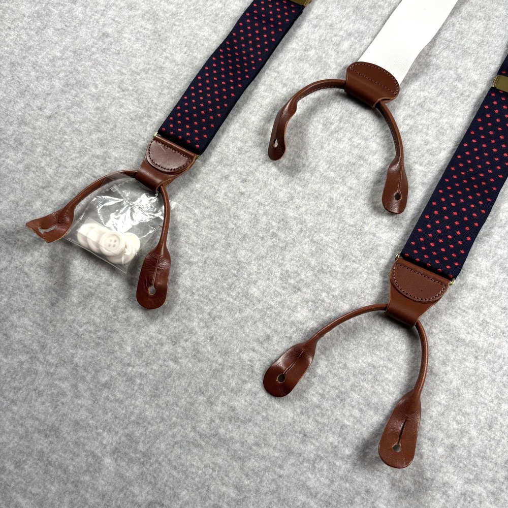 DOONEY & BOURKE Suspenders Navy Blue Red Dot Leather Button Braces England